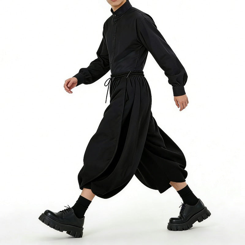Japanese High-Waisted Loose-Fit Cropped Trousers