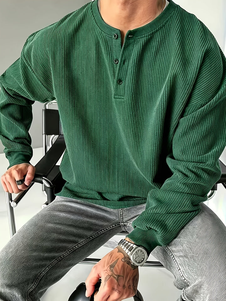 Versatile Solid Color Long Sleeve Henley Shirt