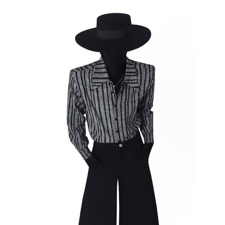 Structured-Shoulder Striped Loose Drape Shirt