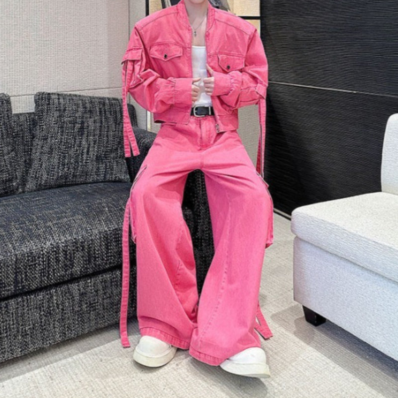 Washed Multi-pocket Workwear Denim Suit