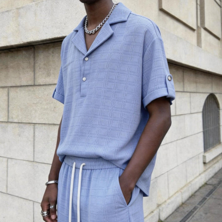 Textured Jacquard Collar Loose-Fit Shirt and Wide-Leg Casual Trousers Two-Piece Set