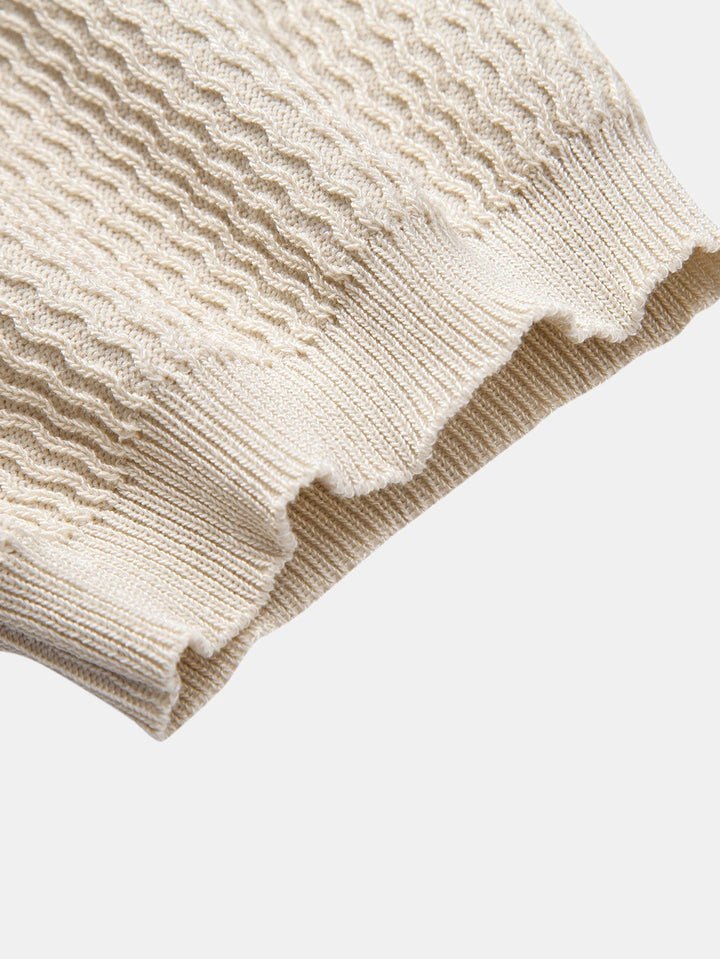 Wave Jacquard Knit V Neck Polo Shirt &amp; Cotton Chino Shorts