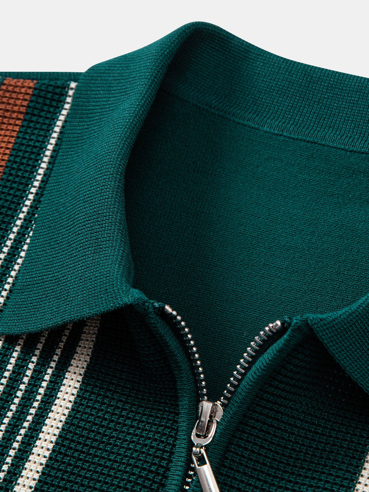 Stripe Knit Zip Up Polo Shirt &amp; Straight Leg Ribbed Pants
