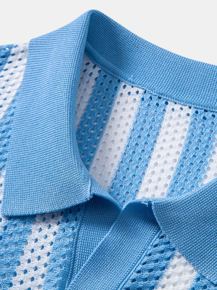 Stripe Johnny Collar Open Knit Polo &amp; Straight Leg Linen Pants