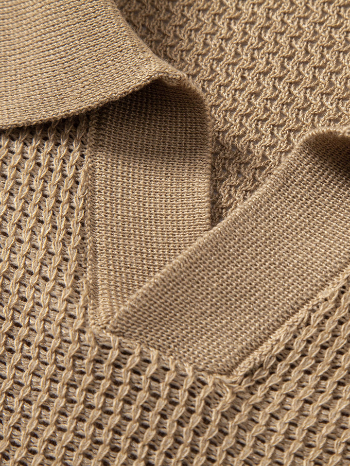 Textured Johnny Collar Crocheted Knit Polo &amp; Straight Leg Linen Pants