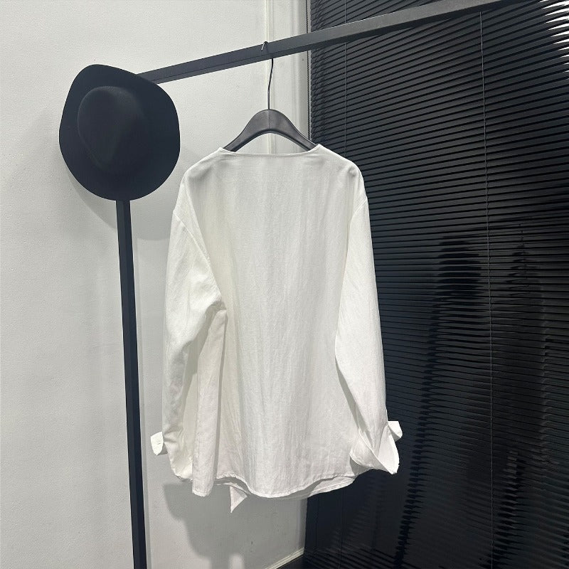 Asymmetric Neckline Tie-Detail Long-Sleeve Shirt