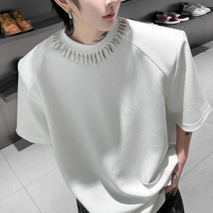 Hand-Beaded Neckline Short-Sleeve Shoulder Pads T-Shirt