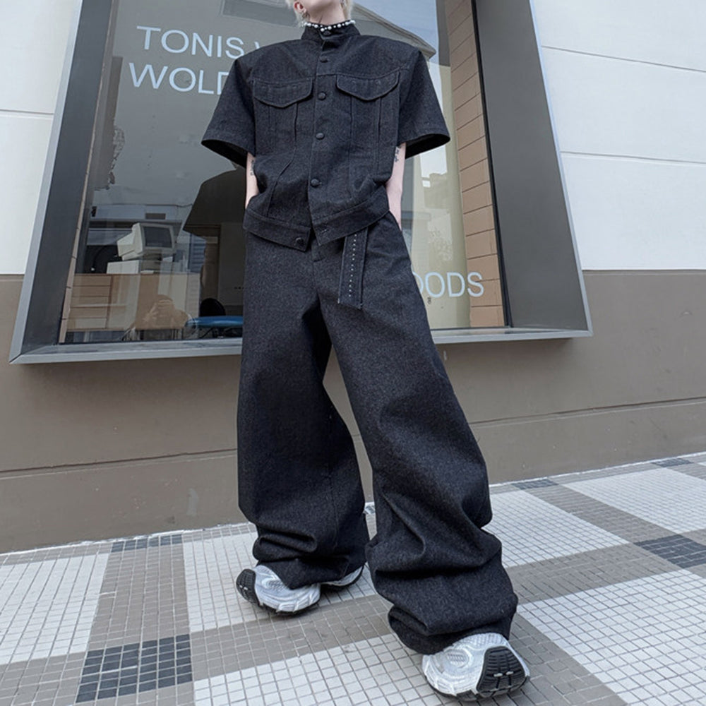 Vintage Denim Two-Piece Set Hand-Beaded Stand-Collar Short-Sleeve Jacket &amp; Wide-Leg Trousers