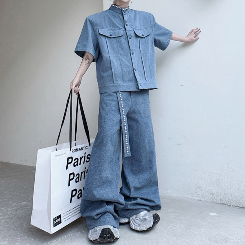 Vintage Denim Two-Piece Set Hand-Beaded Stand-Collar Short-Sleeve Jacket &amp; Wide-Leg Trousers