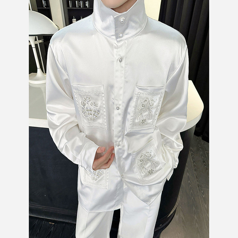 Stand-up Collar Beaded Casual Shirt Top