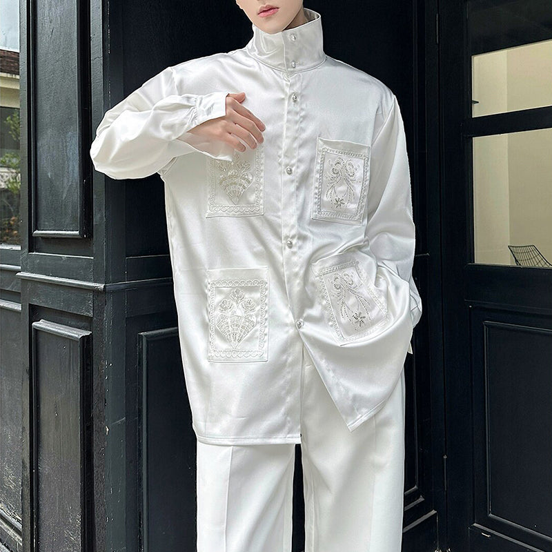 Stand-up Collar Beaded Casual Shirt Top