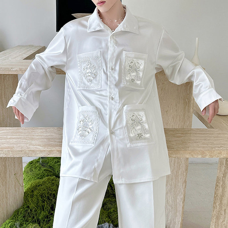 Stand-up Collar Beaded Casual Shirt Top