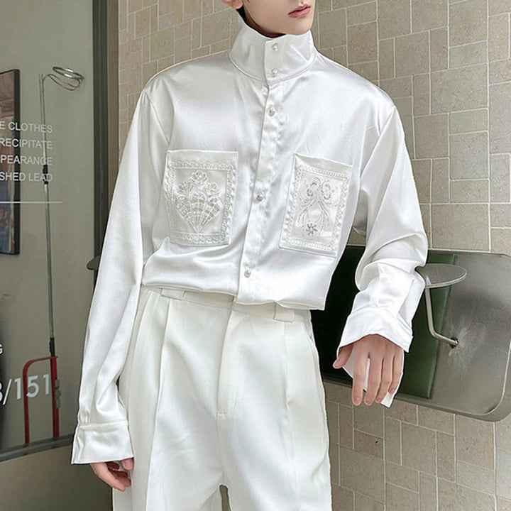 Stand-up Collar Beaded Casual Shirt Top