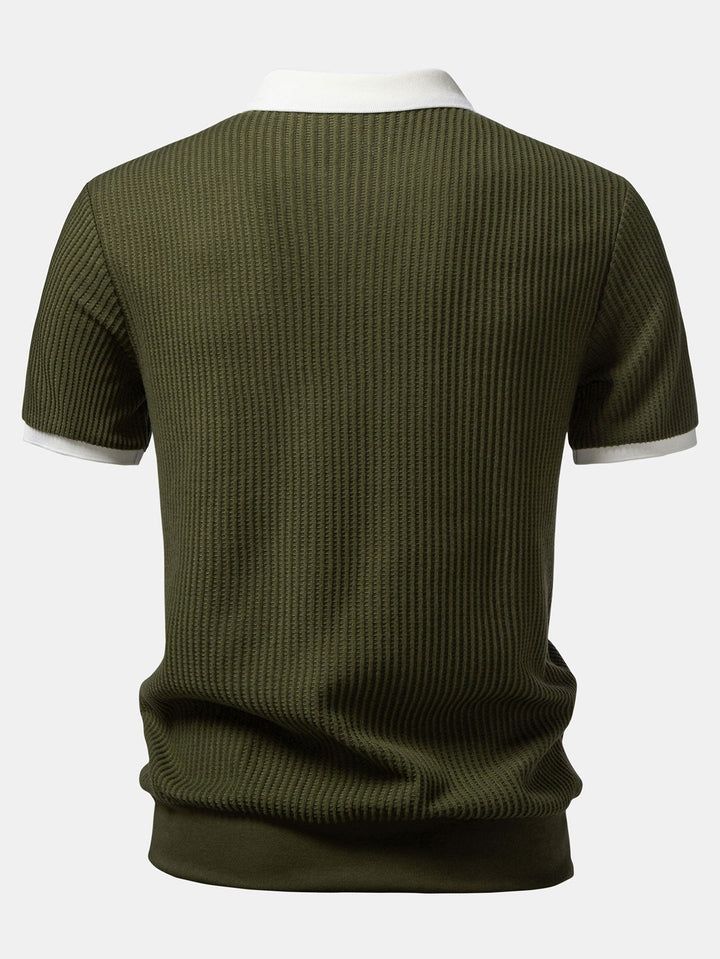 Contrast Knit Waffle Johnny Collar Polo &amp; Drawstring Knitted Waffle Shorts
