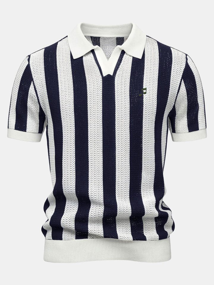 Striped V Neck Open Knit Polo &amp; Crinkle Textured Drawstring 5" Shorts