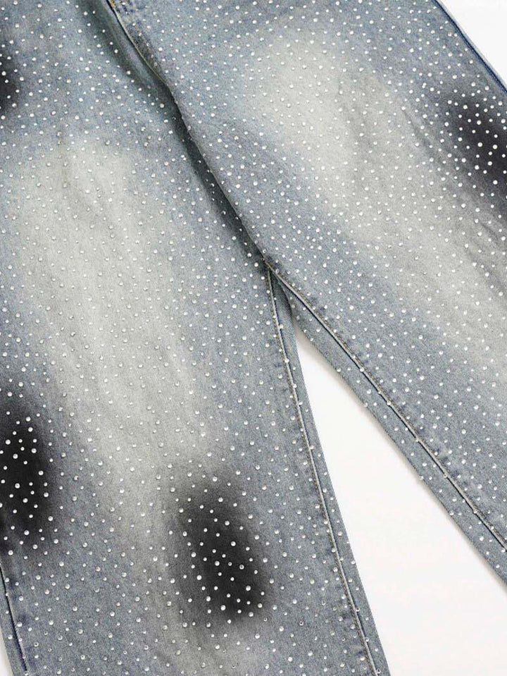 Rhinestone Washed Distressed Denim Wide-Leg Pants