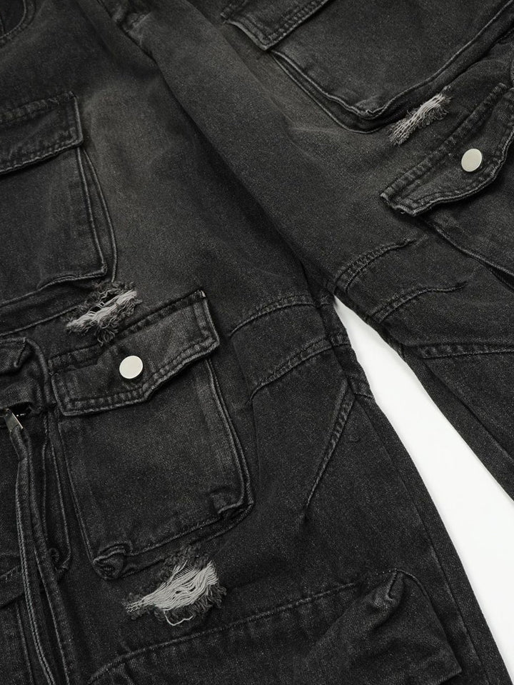 Washed Distressed Baggy Denim Cargo Pants