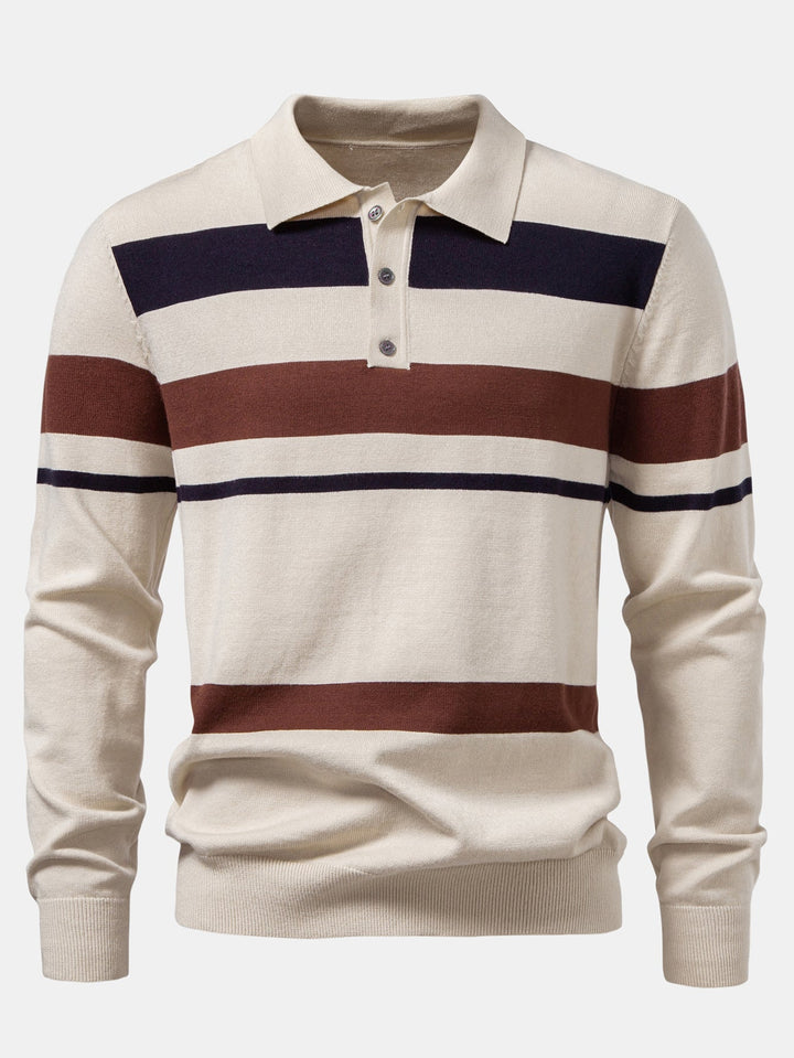 Long Sleeve Stripe Knit Polo Shirt &amp; Slim Fit Tapered Trousers