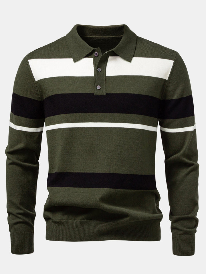 Long Sleeve Stripe Knit Polo Shirt &amp; Slim Fit Tapered Trousers