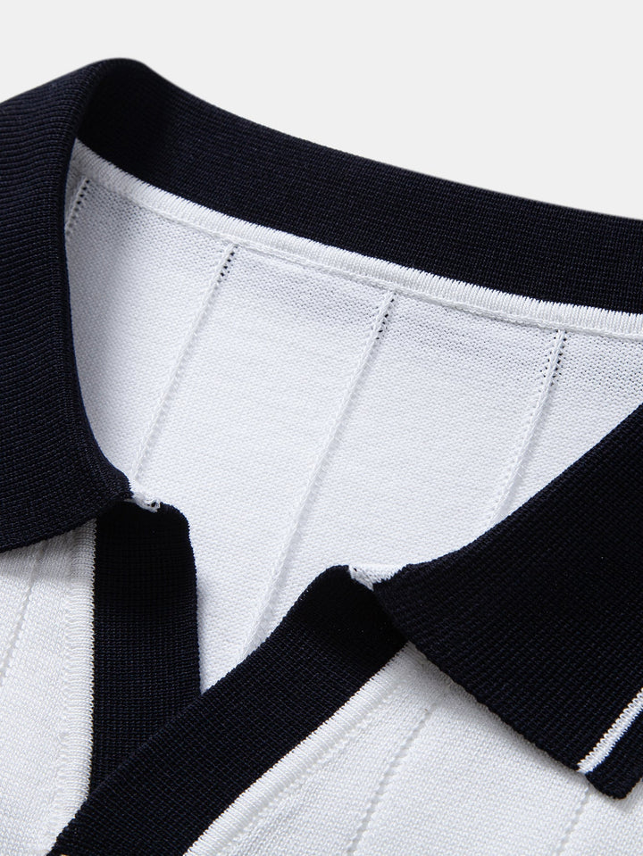 Contrast Trim Ribbed Johnny Collar Knit Polo &amp; Elastic Waist Straight Leg Trousers