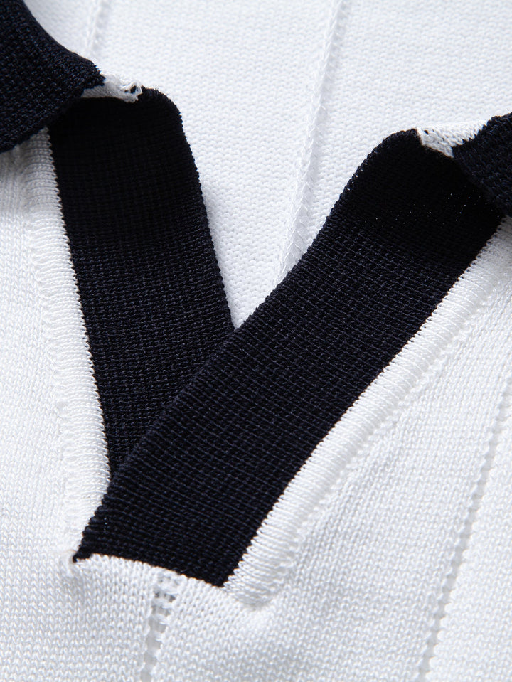 Contrast Trim Ribbed Johnny Collar Knit Polo &amp; Elastic Waist Chino Shorts