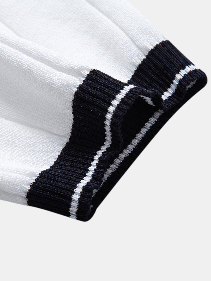 Contrast Trim Ribbed Johnny Collar Knit Polo &amp; Straight Leg Ribbed Pants