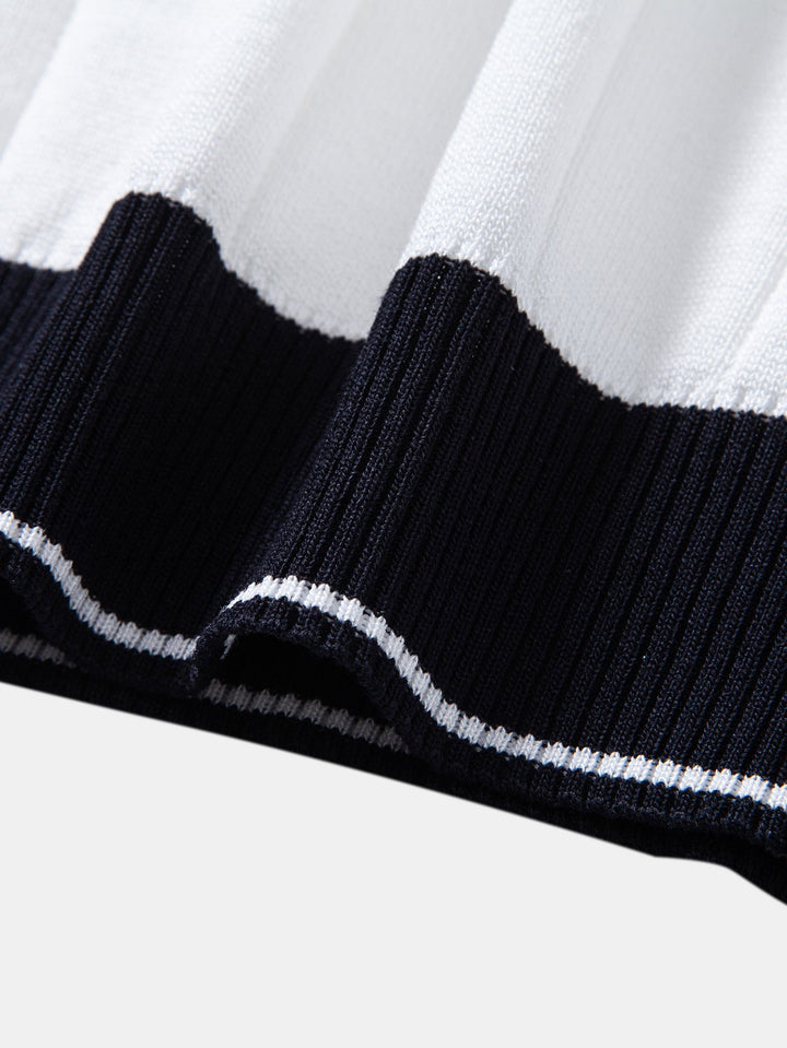 Contrast Trim Ribbed Johnny Collar Knit Polo &amp; Elastic Waist Chino Shorts