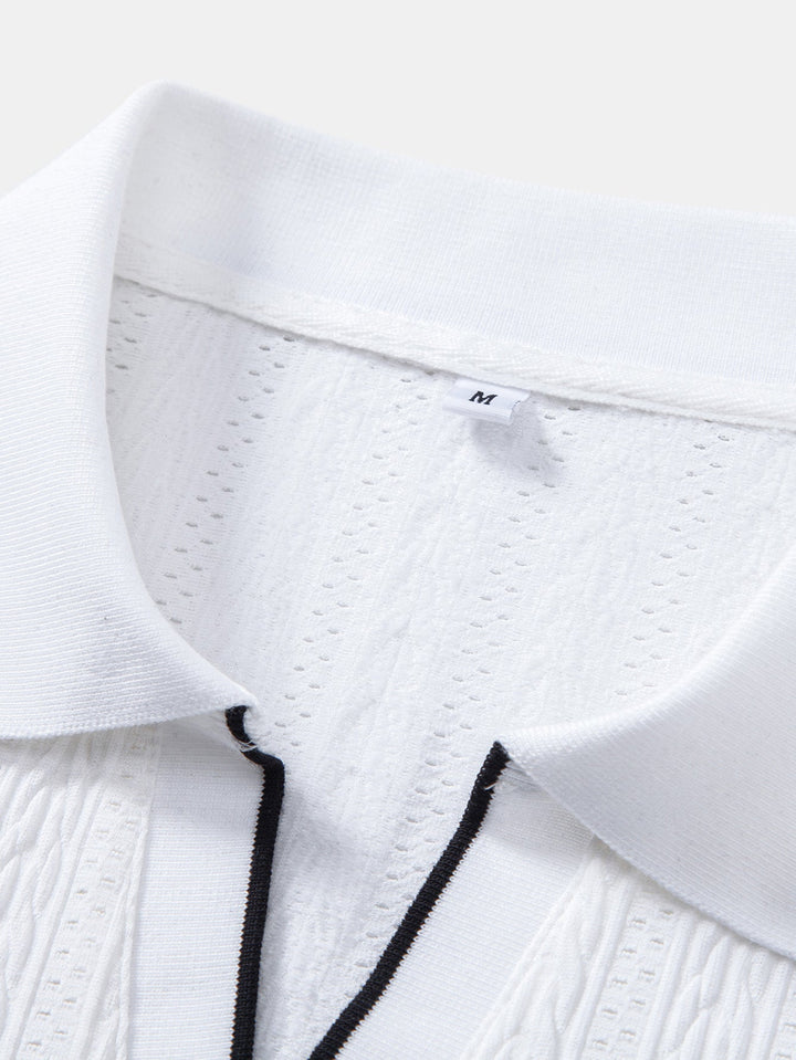 Geometric Jacquard Johnny Collar Polo &amp; Elastic Waist Chino Shorts