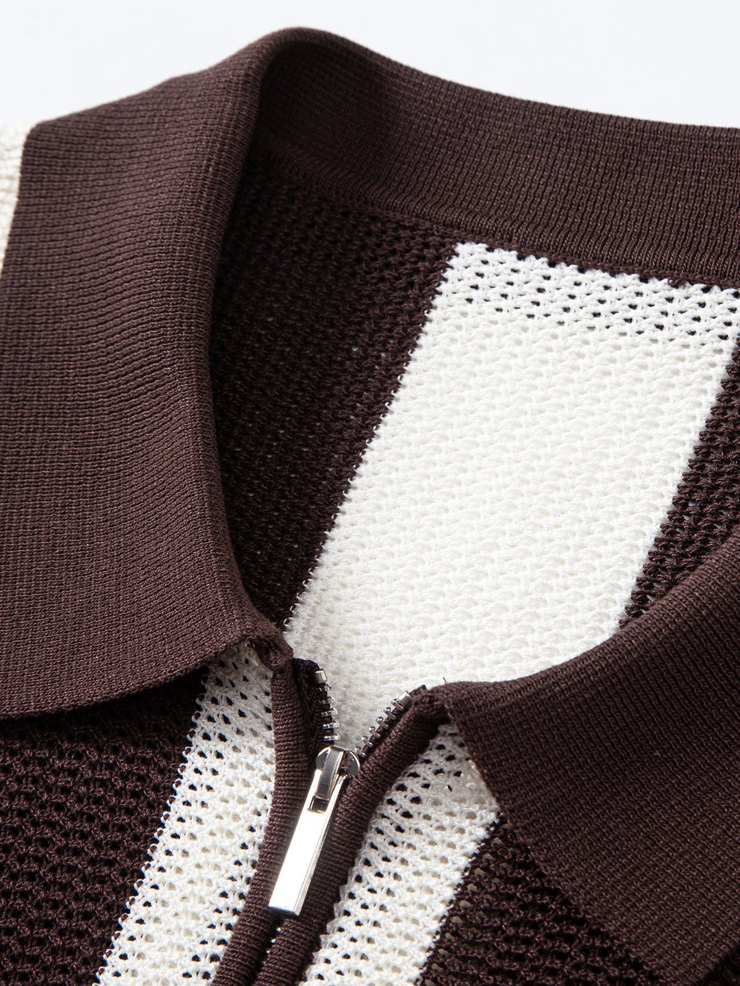 Stripe Zipper Open Knit Polo &amp; Straight Leg Linen Pants