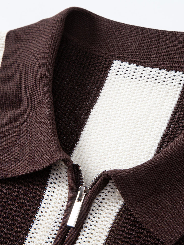 Stripe Zipper Open Knit Polo &amp; Straight Leg Linen Pants