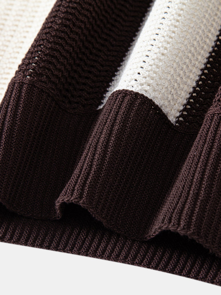 Stripe Zipper Open Knit Polo &amp; Straight Leg Linen Pants