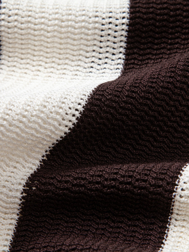 Stripe Zipper Open Knit Polo &amp; Straight Leg Linen Pants