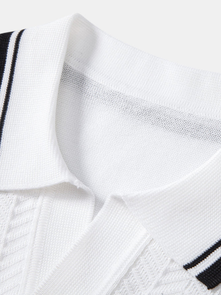 Contrast Textured Jacquard V Neck Knit Polo &amp; Elastic Waist Chino Shorts