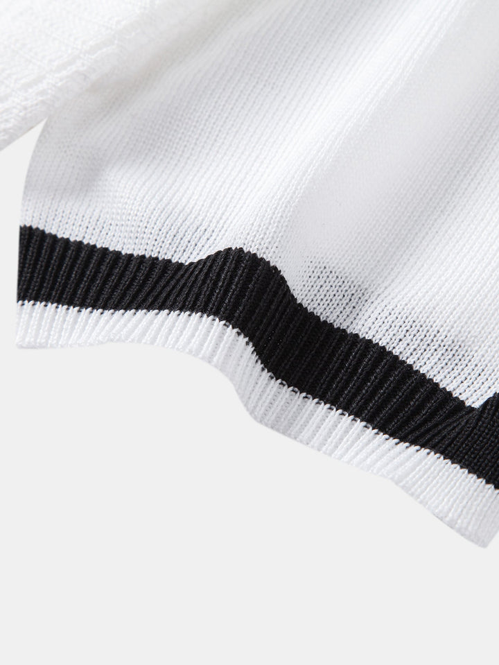 Contrast Textured Jacquard V Neck Knit Polo &amp; Slim Fit Tapered Trousers