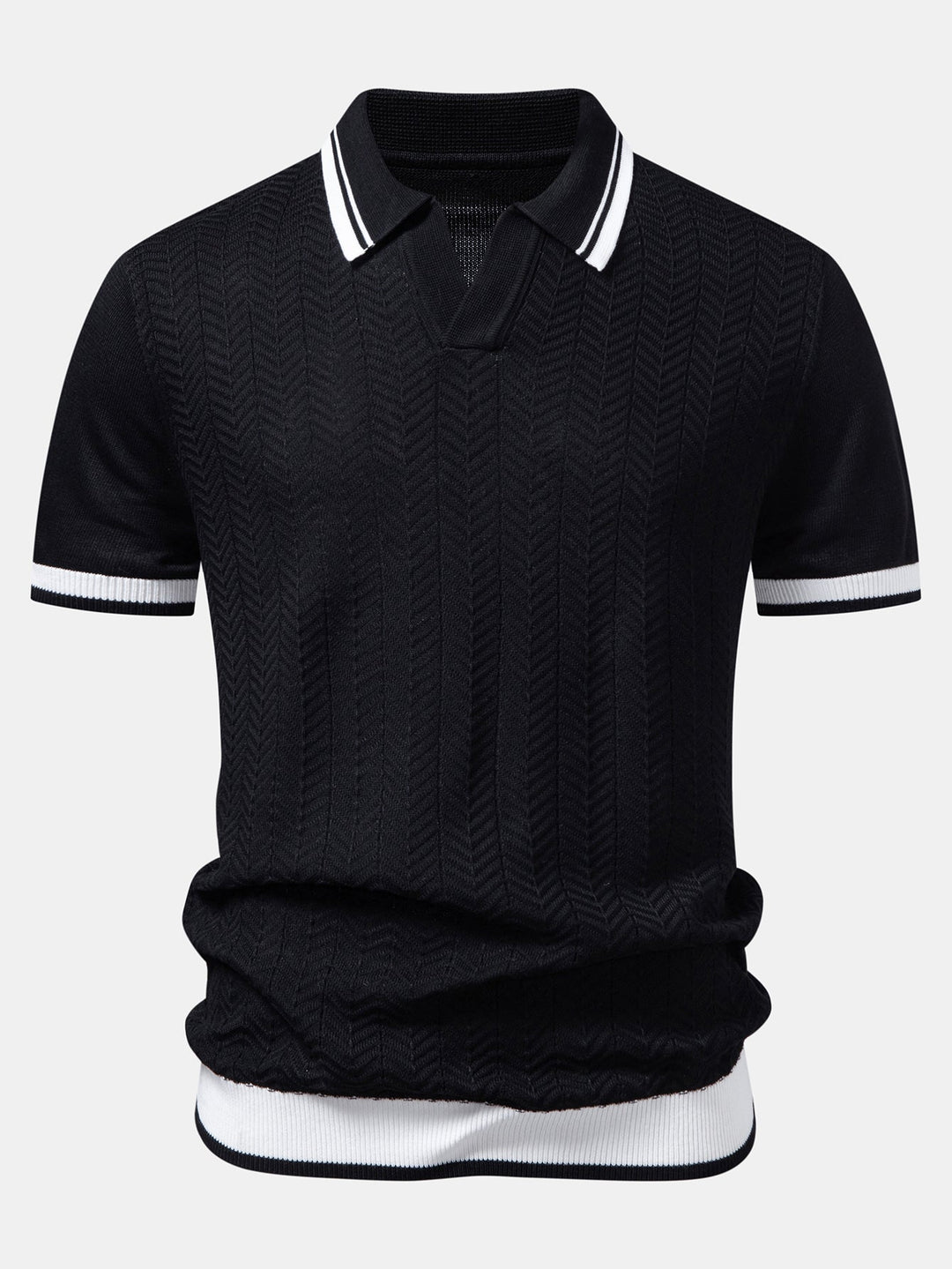 Contrast Textured Jacquard V Neck Knit Polo &amp; Elastic Waist Chino Shorts