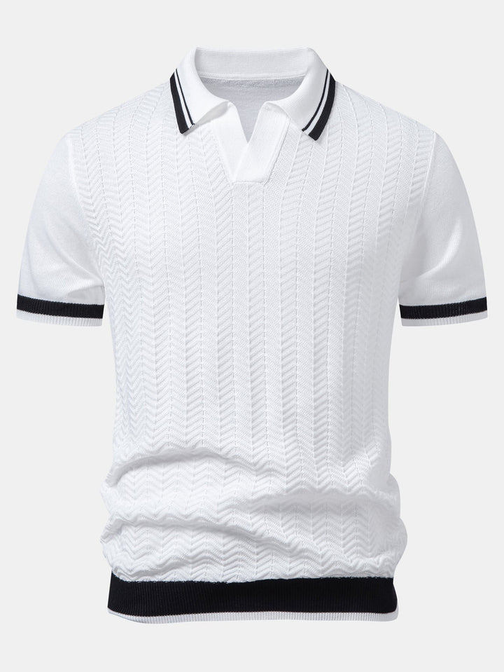 Contrast Textured Jacquard V Neck Knit Polo &amp; Slim Fit Tapered Trousers