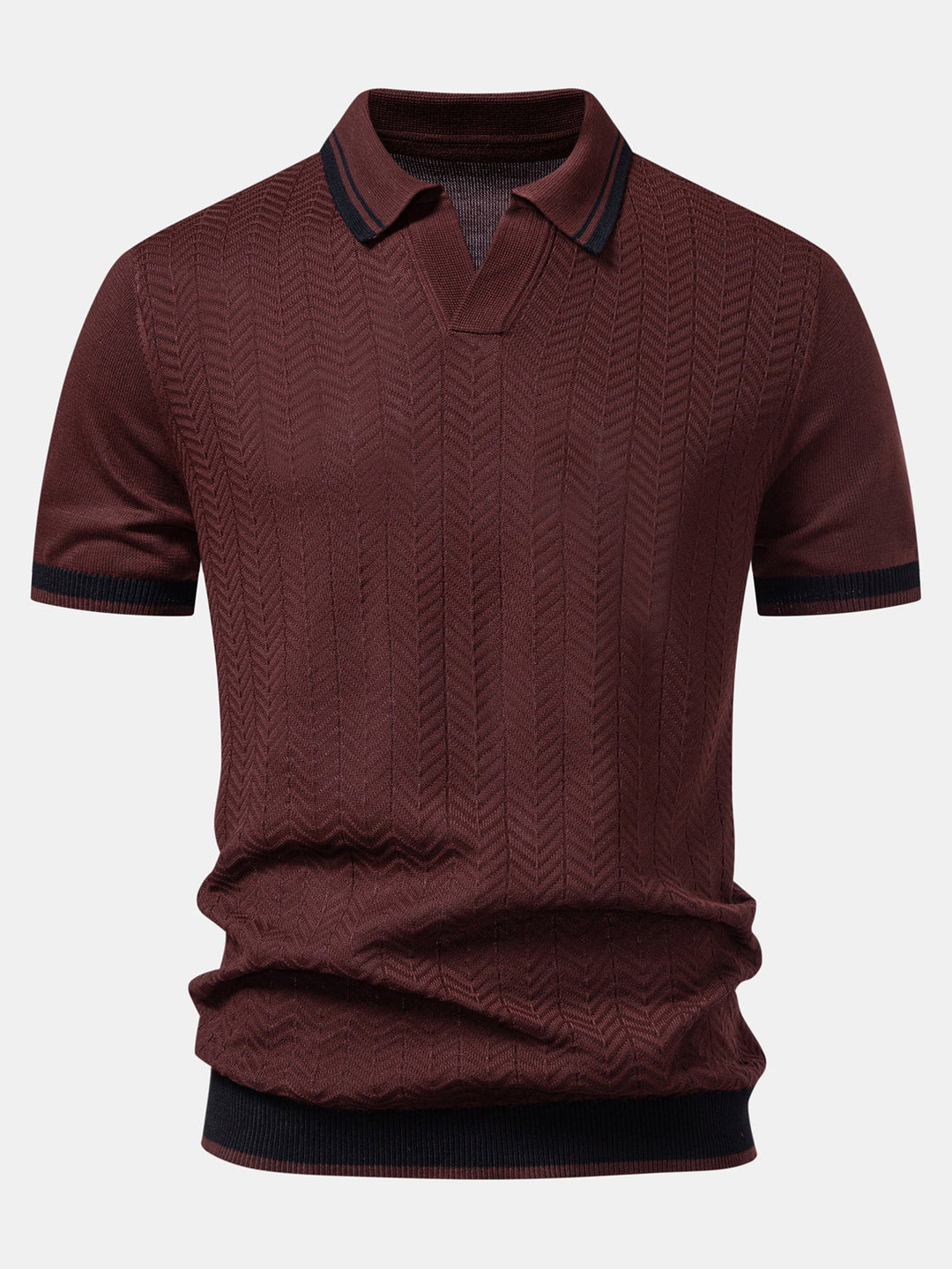Contrast Textured Jacquard V Neck Knit Polo &amp; Slim Fit Tapered Trousers