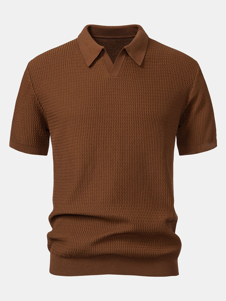 Wave Jacquard Knit V Neck Polo Shirt &amp; Slim Fit Tapered Trousers