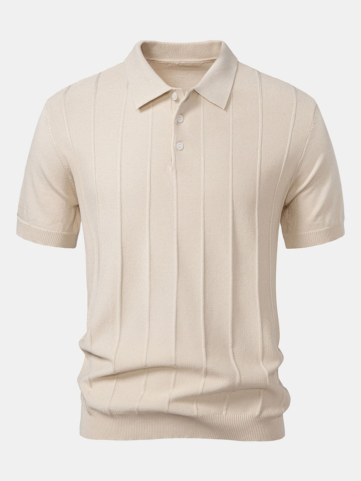 Stripe Jacquard Knit Polo Shirt &amp; Straight Leg Ribbed Pants