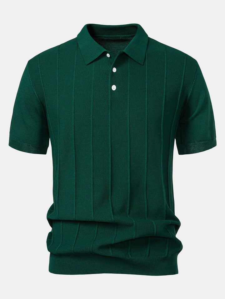 Stripe Jacquard Knit Polo Shirt &amp; Straight Leg Ribbed Pants