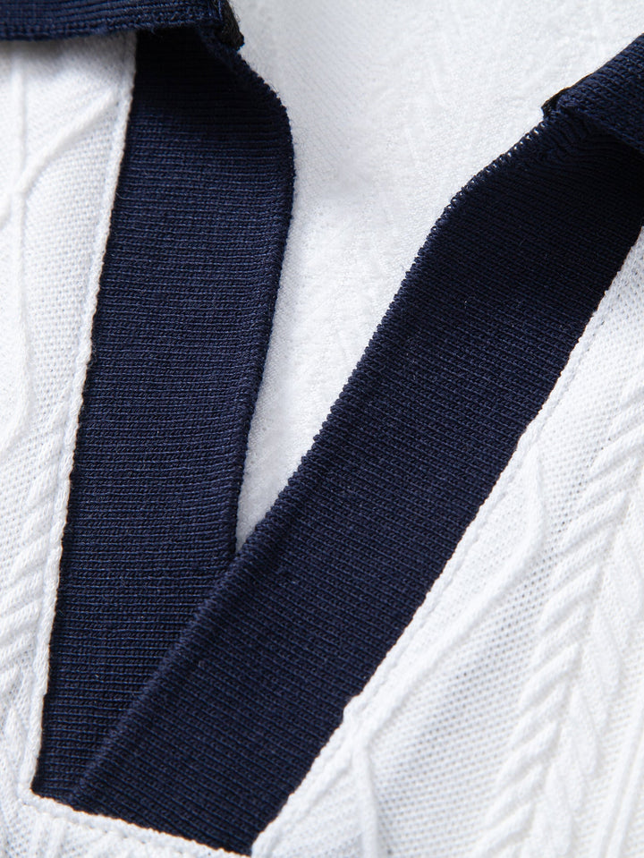 Contrast Geometry Jacquard Knit Polo &amp; Straight Leg Ribbed Pants