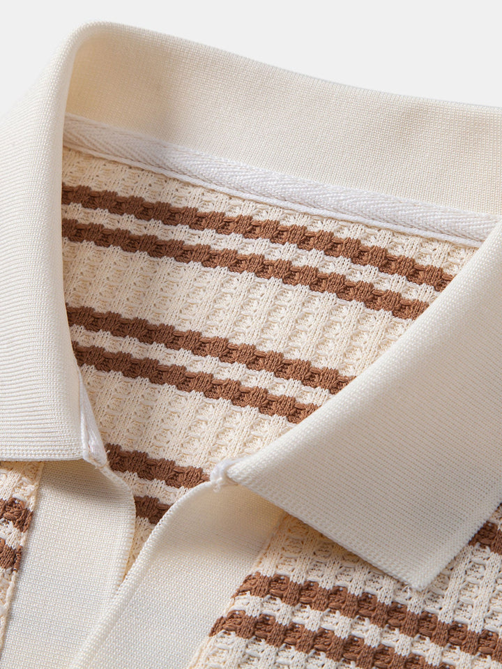 Stripe Waffle Johnny Collar Polo &amp; Straight Leg Linen Pants