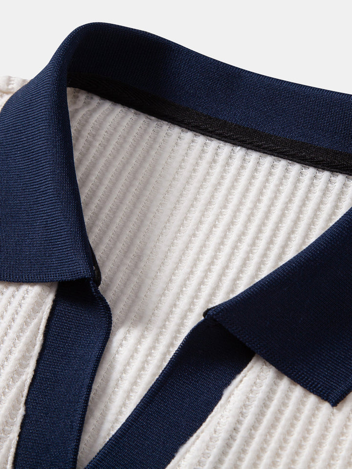 Contrast Knit Waffle Johnny Collar Polo &amp; Slim Fit Tapered Trousers