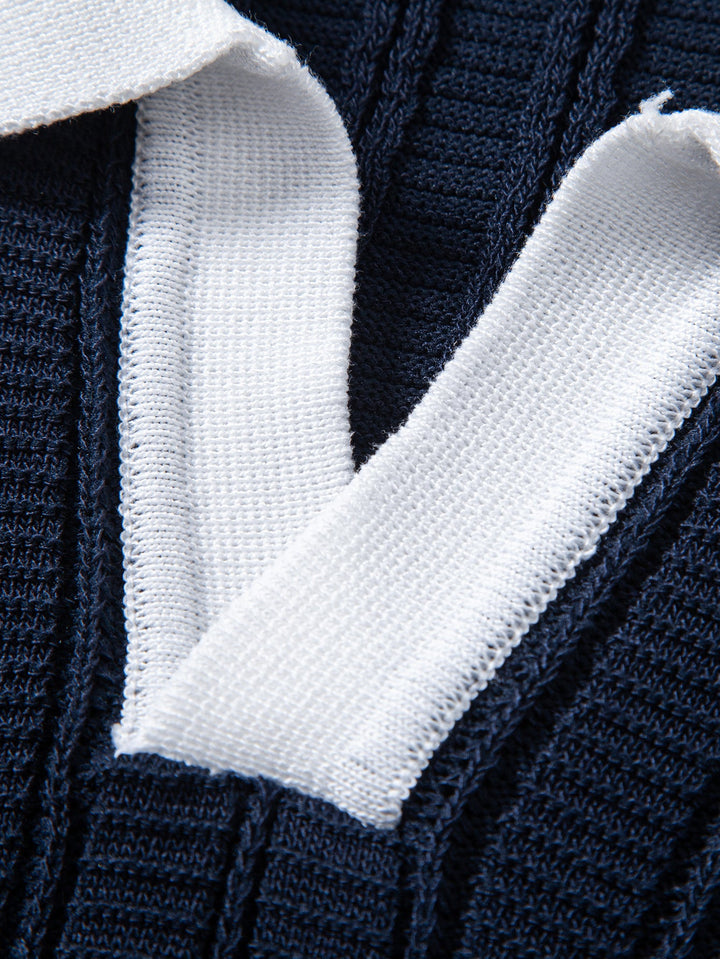 Contrast Textured Johnny Collar Knit Polo &amp; Elastic Waist Straight Leg Trousers