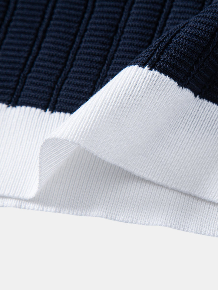 Contrast Textured Johnny Collar Knit Polo &amp; Elastic Waist Straight Leg Trousers