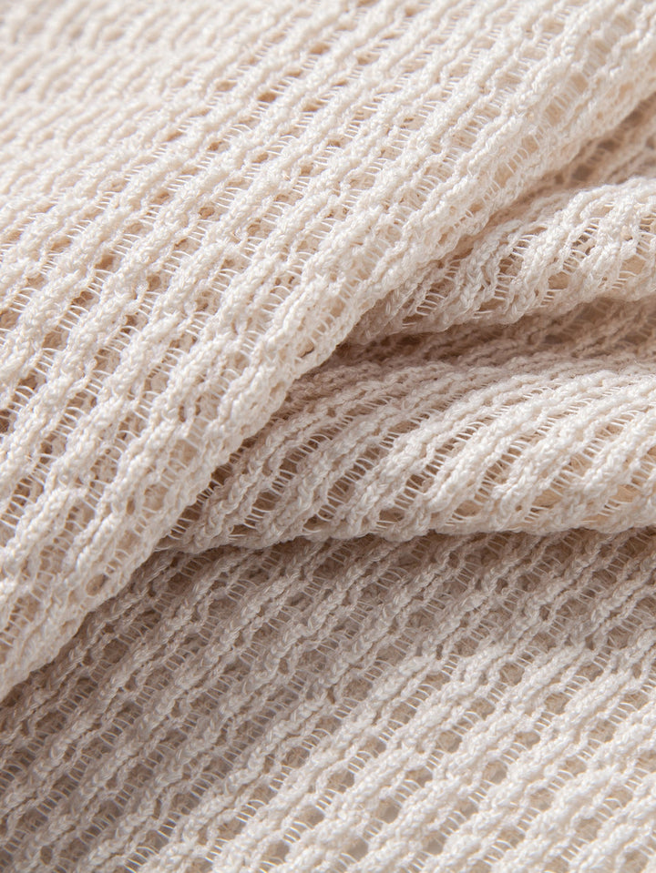 Relax Fit Crocheted V Neck Polo &amp; Straight Leg Linen Pants