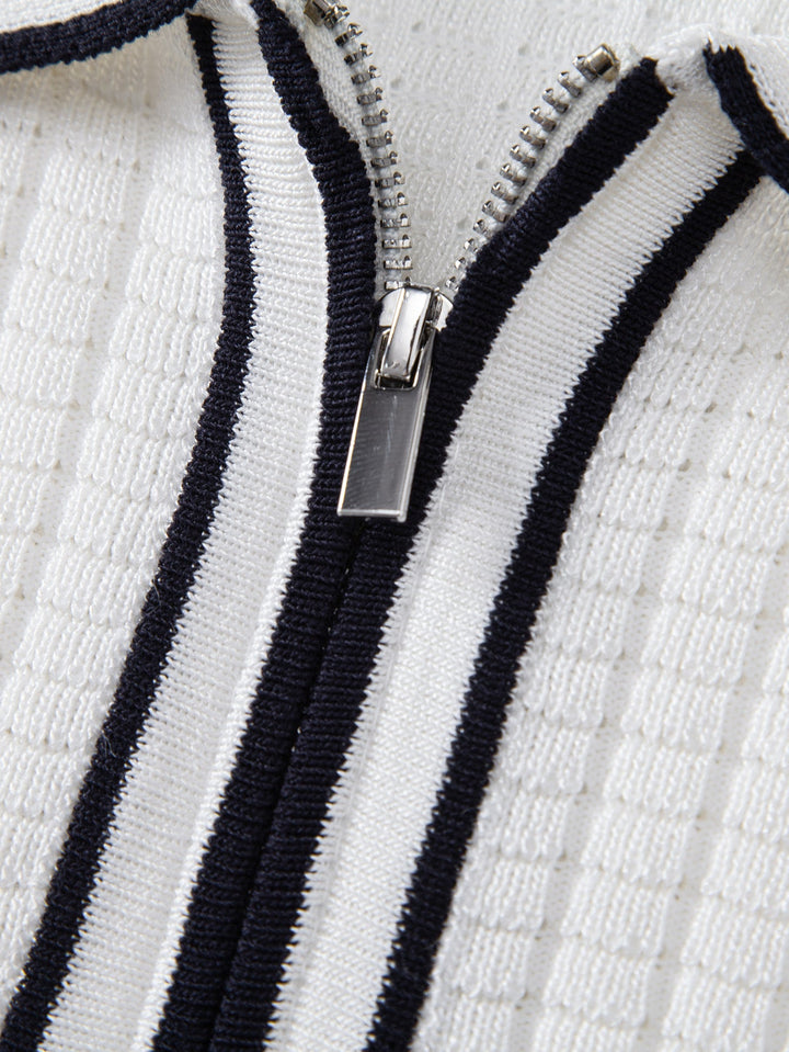 Contrast Trim Waffle Zipper Knit Polo &amp; Slim Fit Tapered Trousers