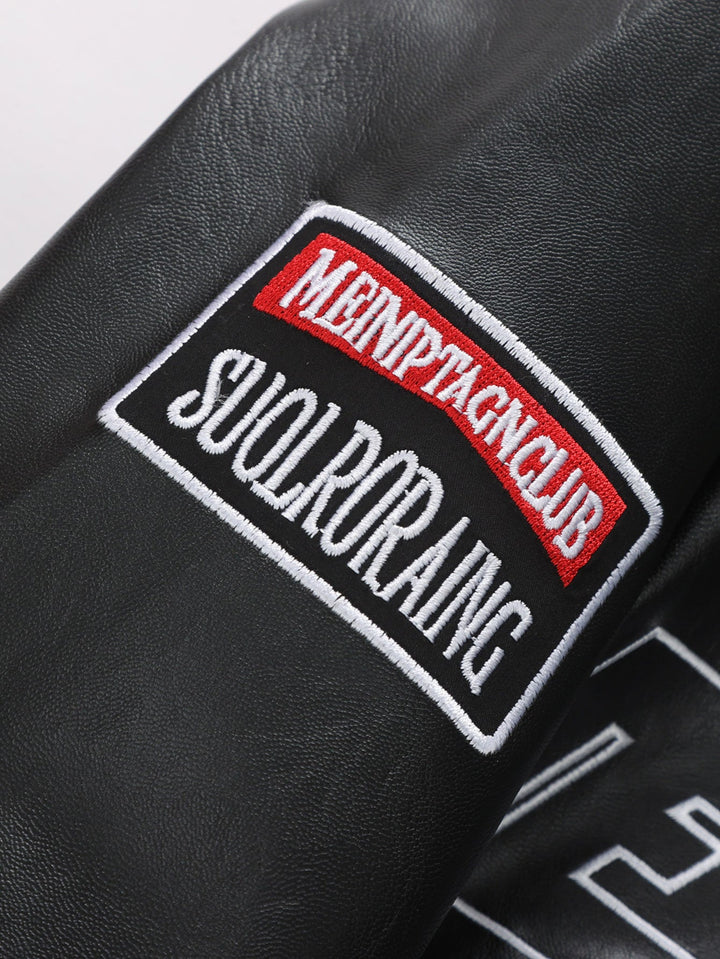 Fleece Lined Embroidery Leather Racing Jacket
