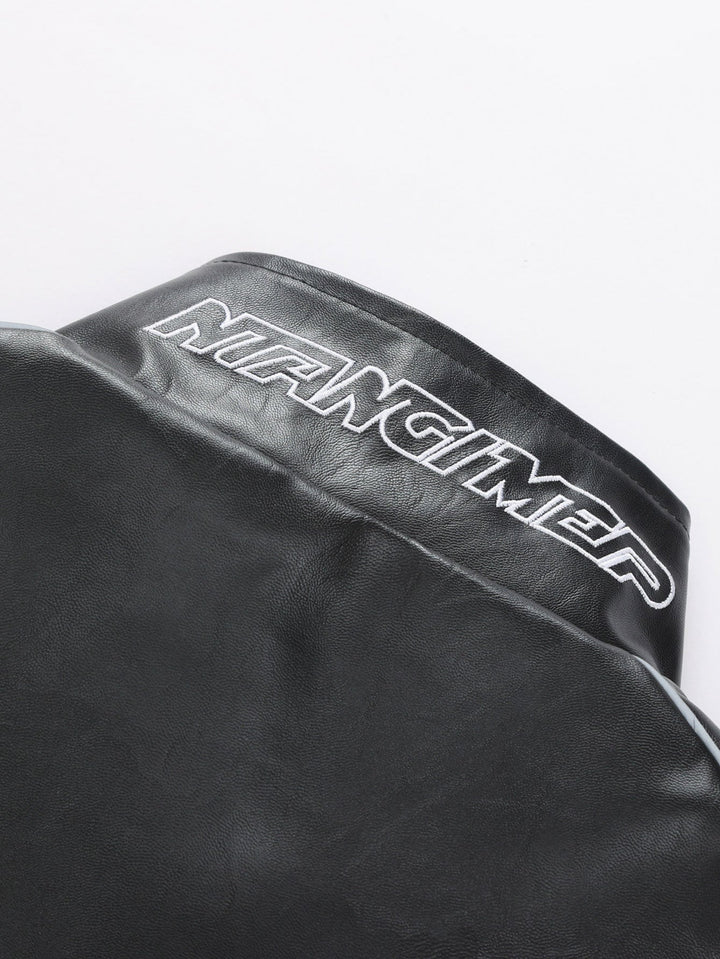 Fleece Lined Embroidery Leather Racing Jacket