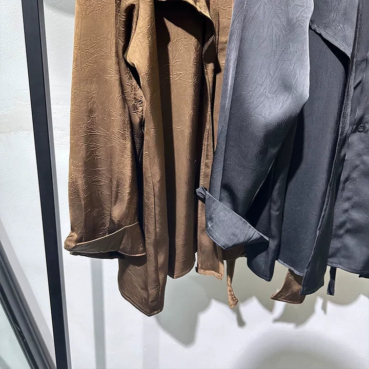 Irregular-Ribbon Satin Pleated Shirt